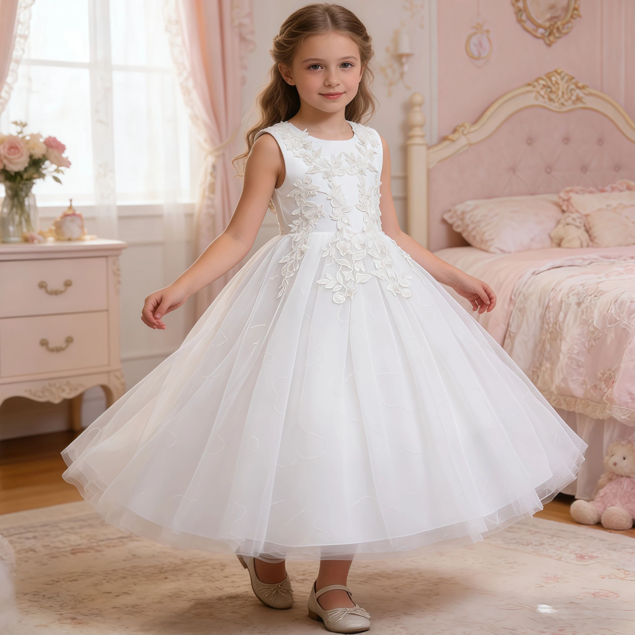 Applique Patch Flower - Vestido Largo Blanco con Lentejuelas Bordadas